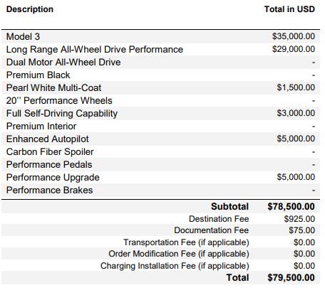 Tesla Model 3 Performance Price in September 2018