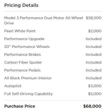 Tesla Model 3 Performance Price in March, 2019