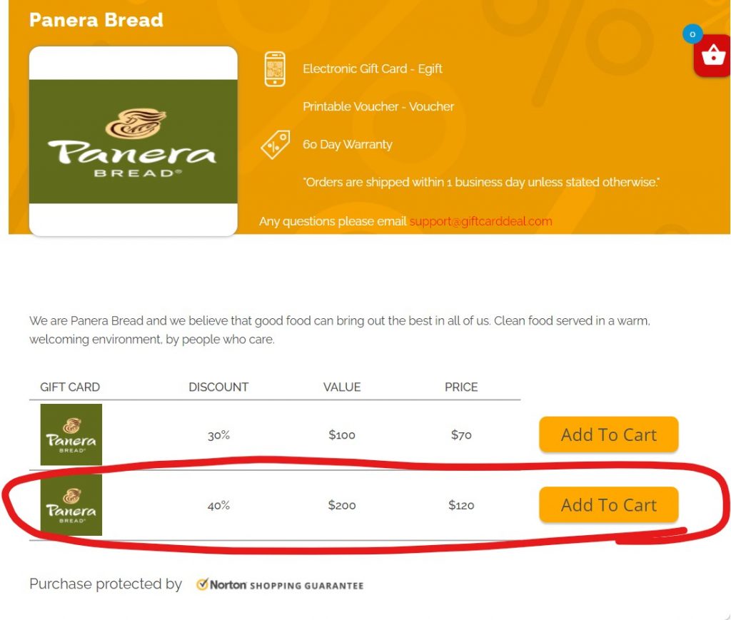 Panera Bread gift card discount