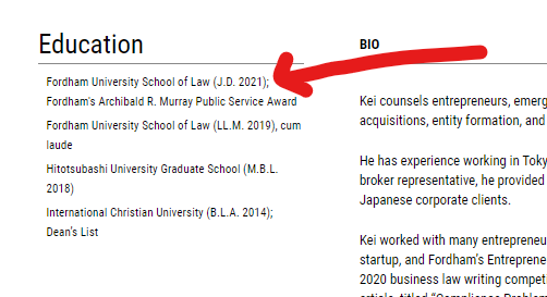 Kei Komuro graduated Fordham University School of Law J.D. 2021
