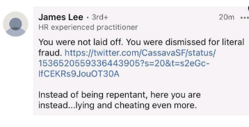 James Lee calling her out on LinkedIn